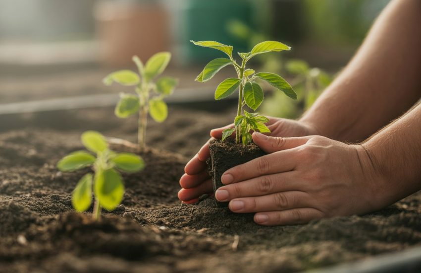 Hands gently caring for young green saplings growing in soil.
