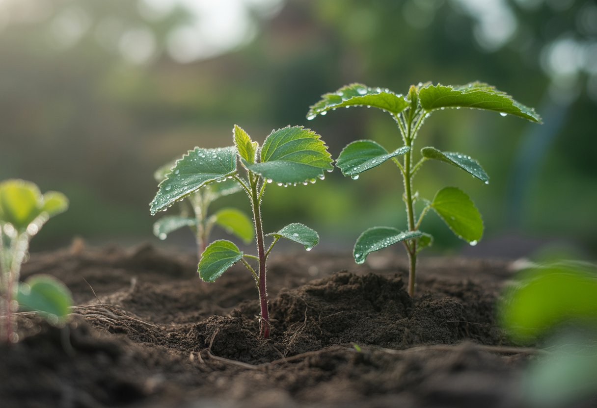 Close-up of young green saplings growing in soil with water droplets on leaves and soil.