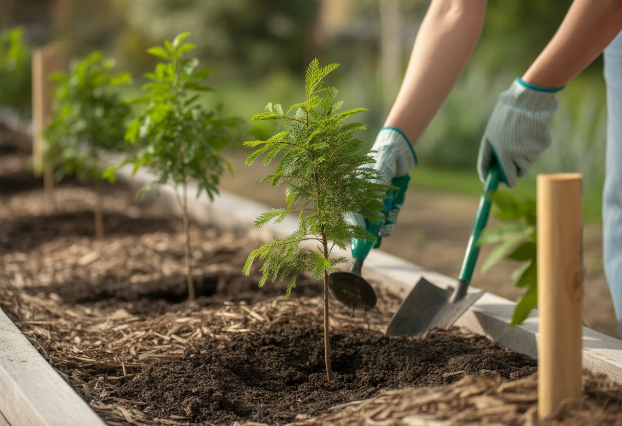 A person caring for young saplings planted in soil in a garden setting with sunlight and greenery around.