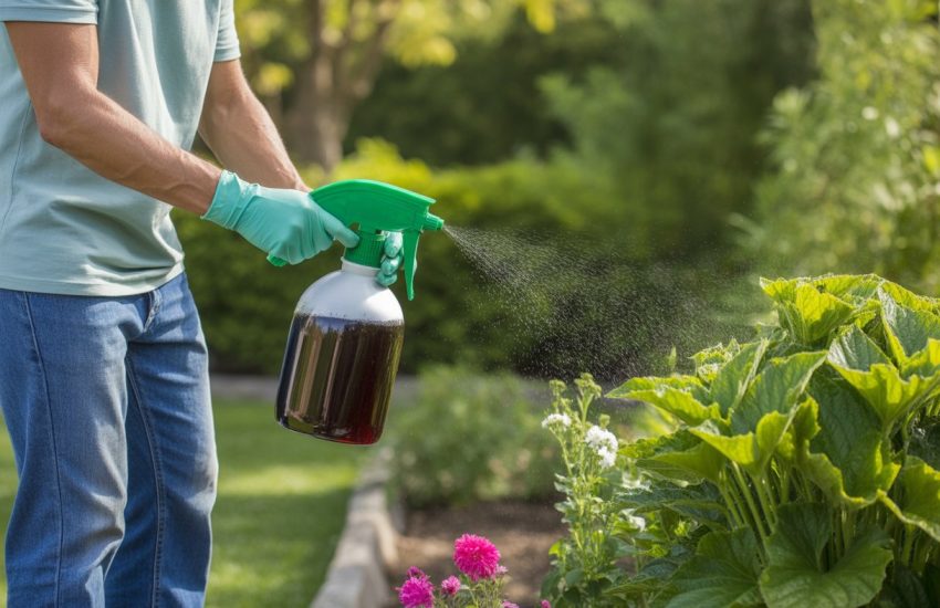 A person spraying compost tea on green plants in a garden.