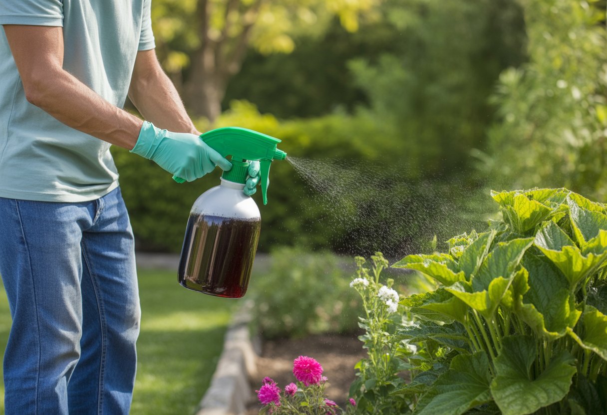Using Compost Tea for Plants to Enhance Growth and Soil Health - PlantNative.org A person spraying compost tea on green plants in a garden.