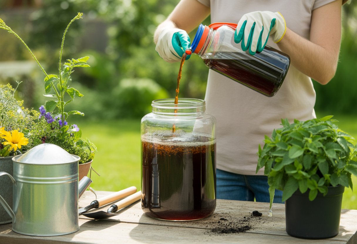 Using Compost Tea for Plants to Enhance Growth and Soil Health - PlantNative.org A gardener pouring compost tea from a glass jar into a spray bottle in a garden with healthy plants and gardening tools nearby.