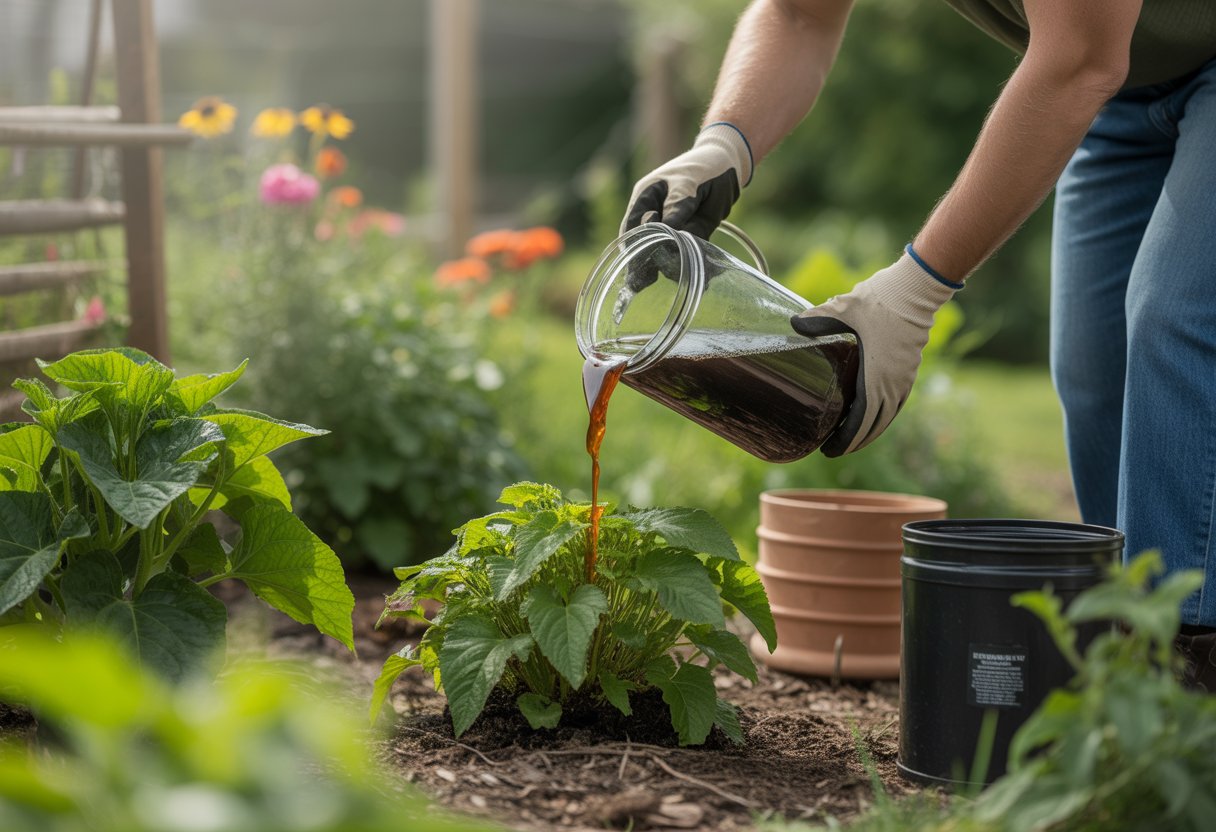 Using Compost Tea for Plants to Enhance Growth and Soil Health - PlantNative.org A gardener pouring compost tea onto healthy green plants in a garden surrounded by flowers and gardening tools.