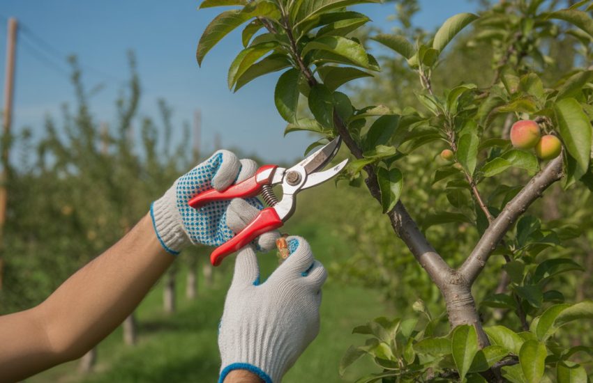 A person pruning a fruit tree with gardening gloves and shears in an orchard on a sunny day.