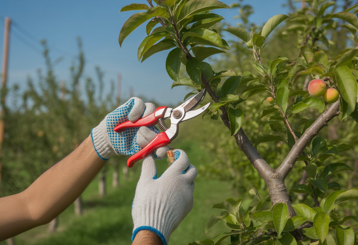 A person pruning a fruit tree with gardening gloves and shears in an orchard on a sunny day.