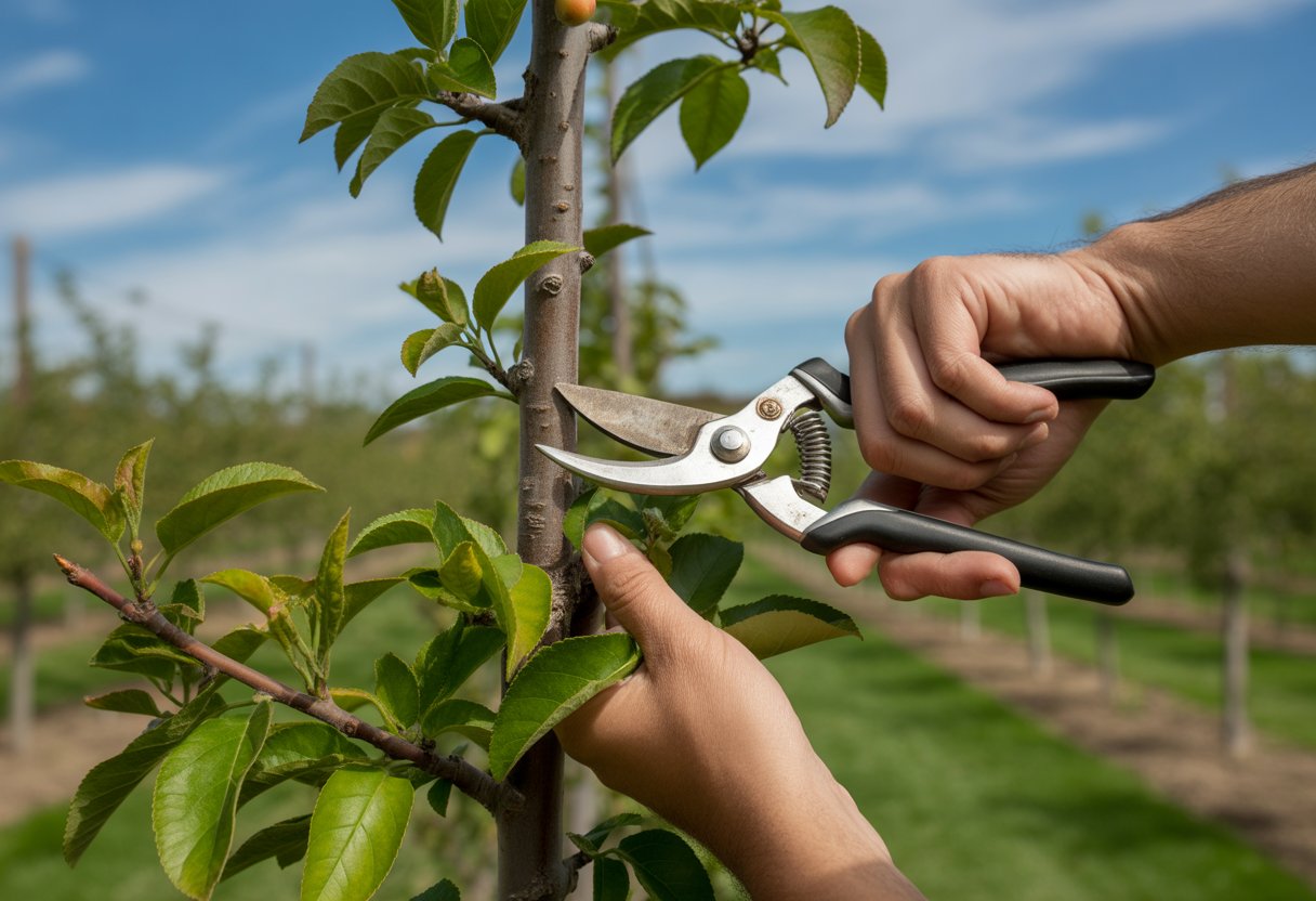 A gardener pruning branches on a healthy fruit tree in an orchard on a sunny day.