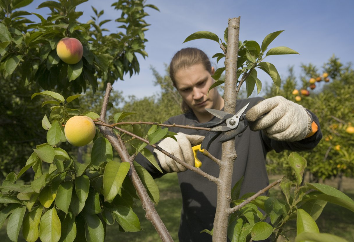 A gardener pruning various fruit trees in an orchard on a sunny day.
