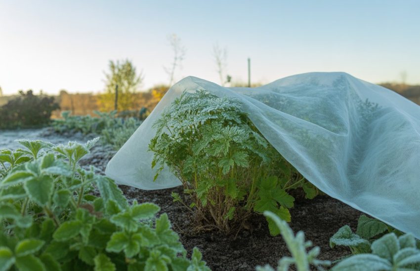 Young plants covered with frost protection fabric in a garden to shield them from cold weather.