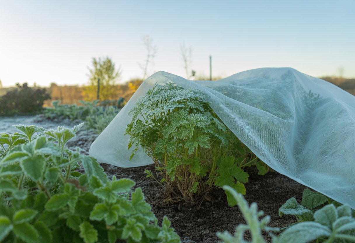Young plants covered with frost protection fabric in a garden to shield them from cold weather.