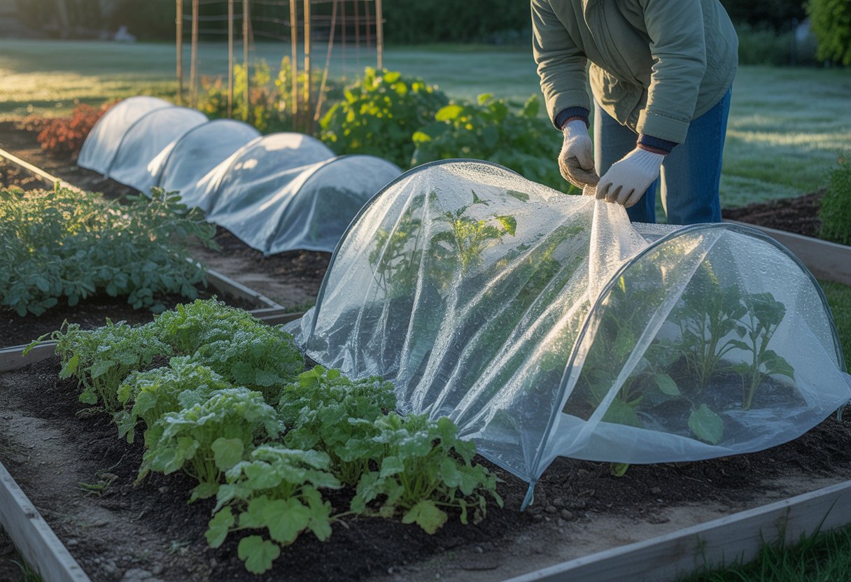 A gardener covering young plants with protective cloths and plastic tunnels in a garden to shield them from frost.