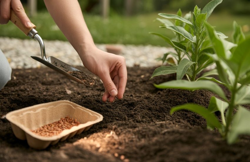 Hands planting milkweed seeds into soil with gardening tools and green plants in the background.