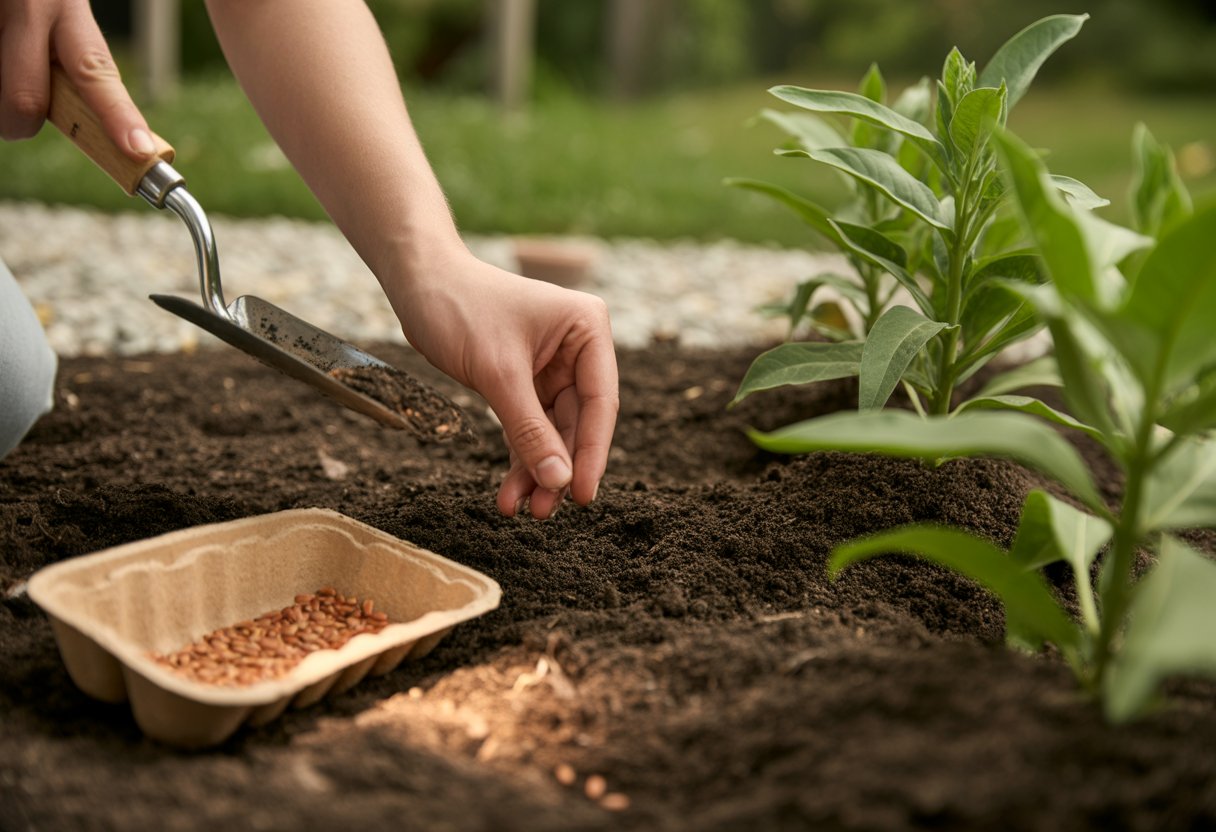 How to Plant Milkweed Seeds for Successful Butterfly Gardens - PlantNative.org Hands planting milkweed seeds into soil with gardening tools and green plants in the background.