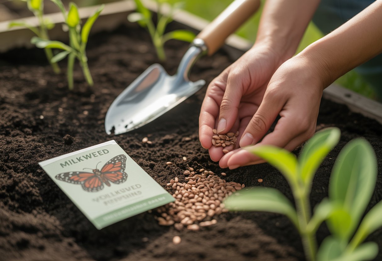 How to Plant Milkweed Seeds for Successful Butterfly Gardens - PlantNative.org Hands planting milkweed seeds in soil with gardening tools and young milkweed plants nearby.