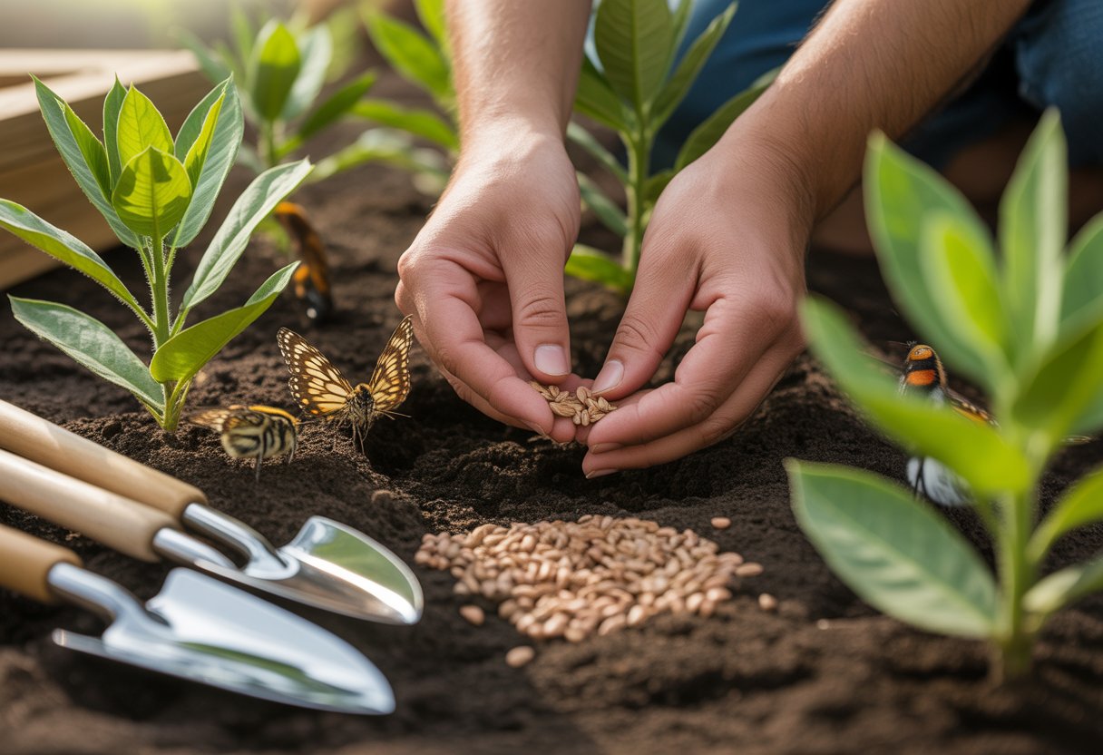 How to Plant Milkweed Seeds for Successful Butterfly Gardens - PlantNative.org Hands planting milkweed seeds in soil with nearby milkweed plants and butterflies, bees, and birds in the background.
