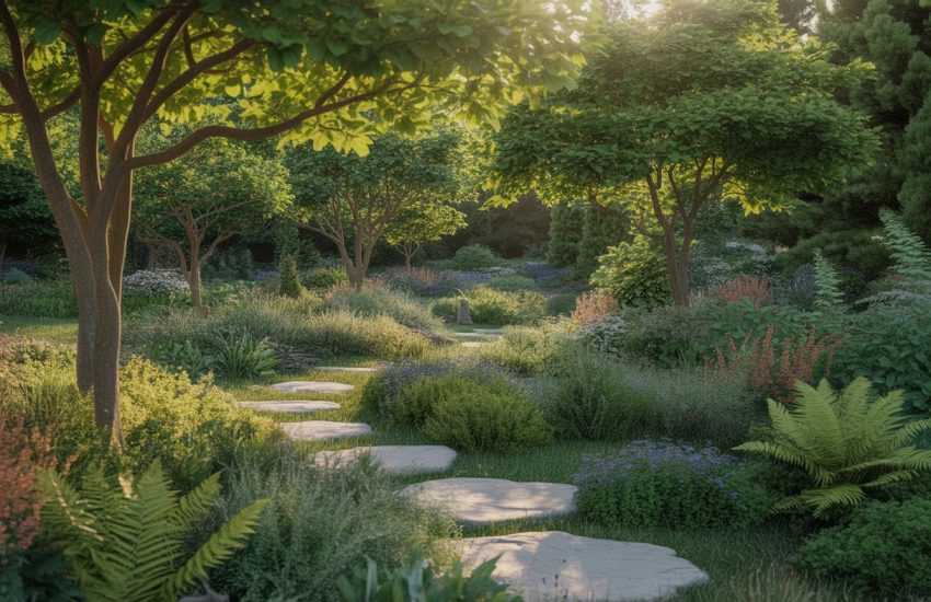 A peaceful woodland garden with native trees, shrubs, wildflowers, and a stone path winding through the greenery.