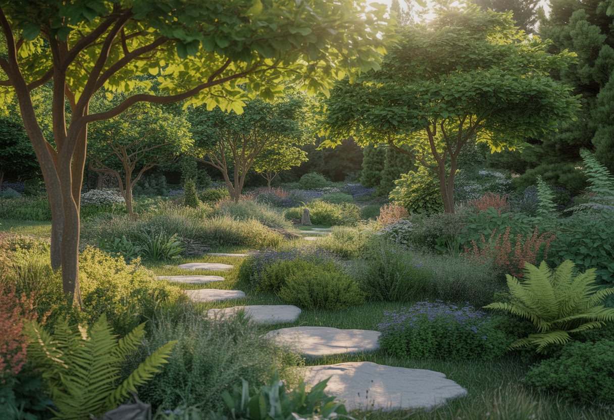 A peaceful woodland garden with native trees, shrubs, wildflowers, and a stone path winding through the greenery.