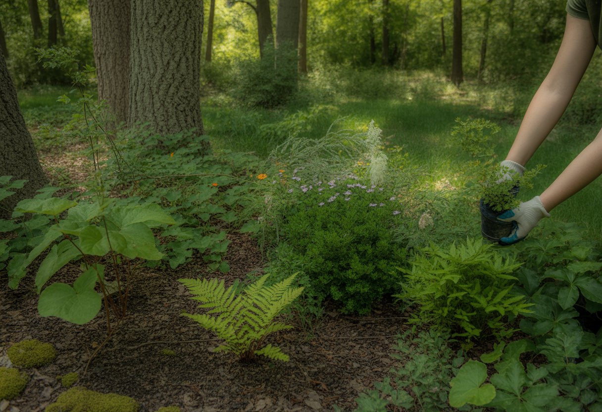 A person caring for native plants in a shaded woodland garden surrounded by trees, ferns, and wildflowers.