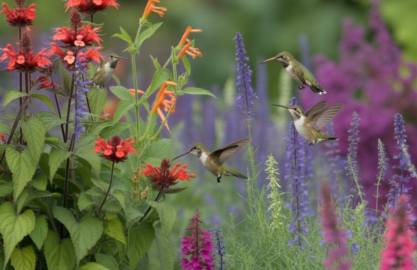 Hummingbirds feeding from colorful perennial flowers in a lush garden.