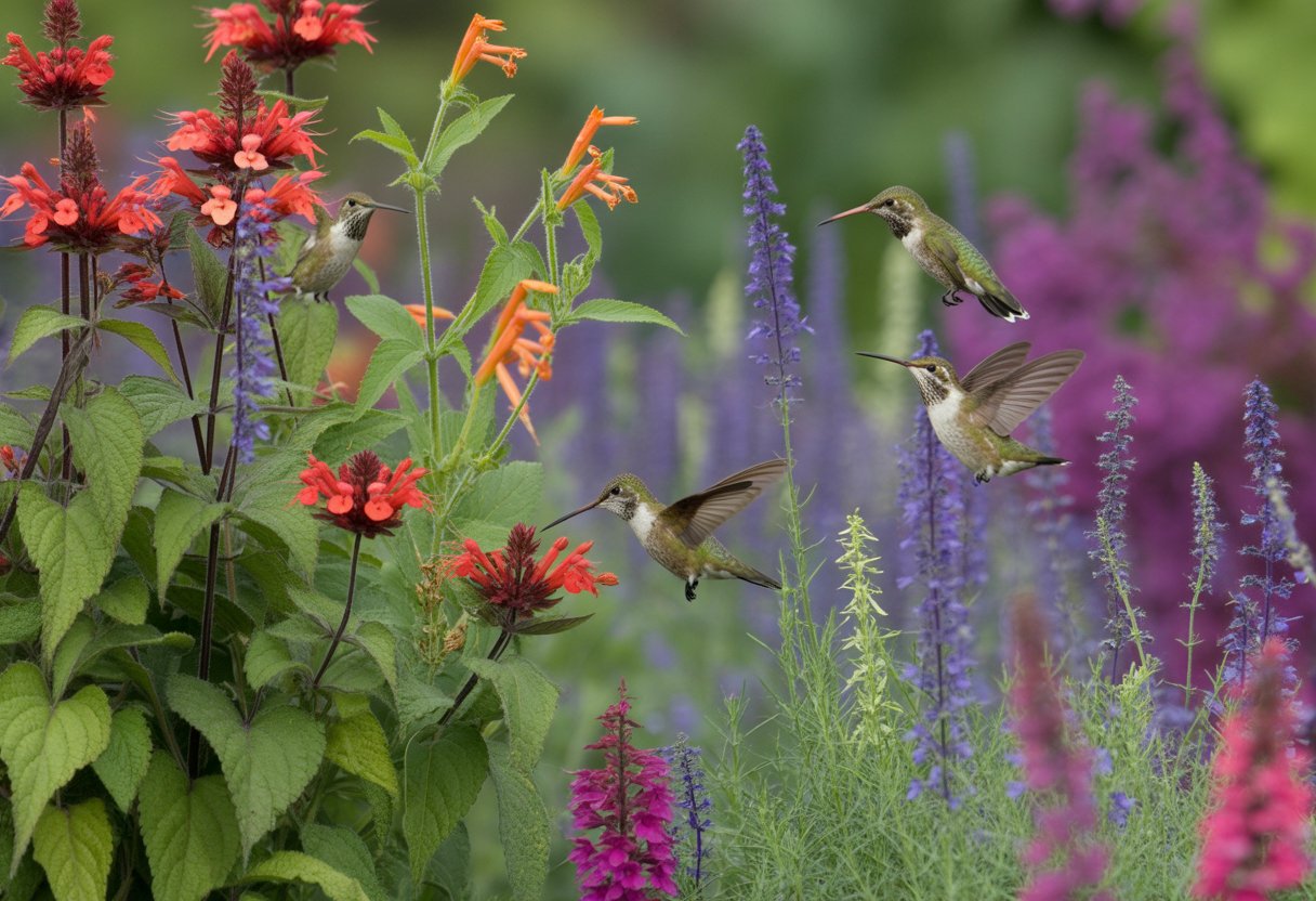 Hummingbirds feeding from colorful perennial flowers in a lush garden.