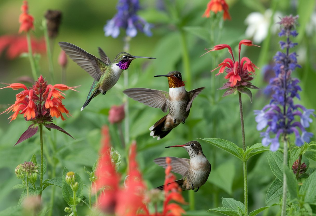 Hummingbirds flying and feeding on colorful perennial flowers in a lush garden.