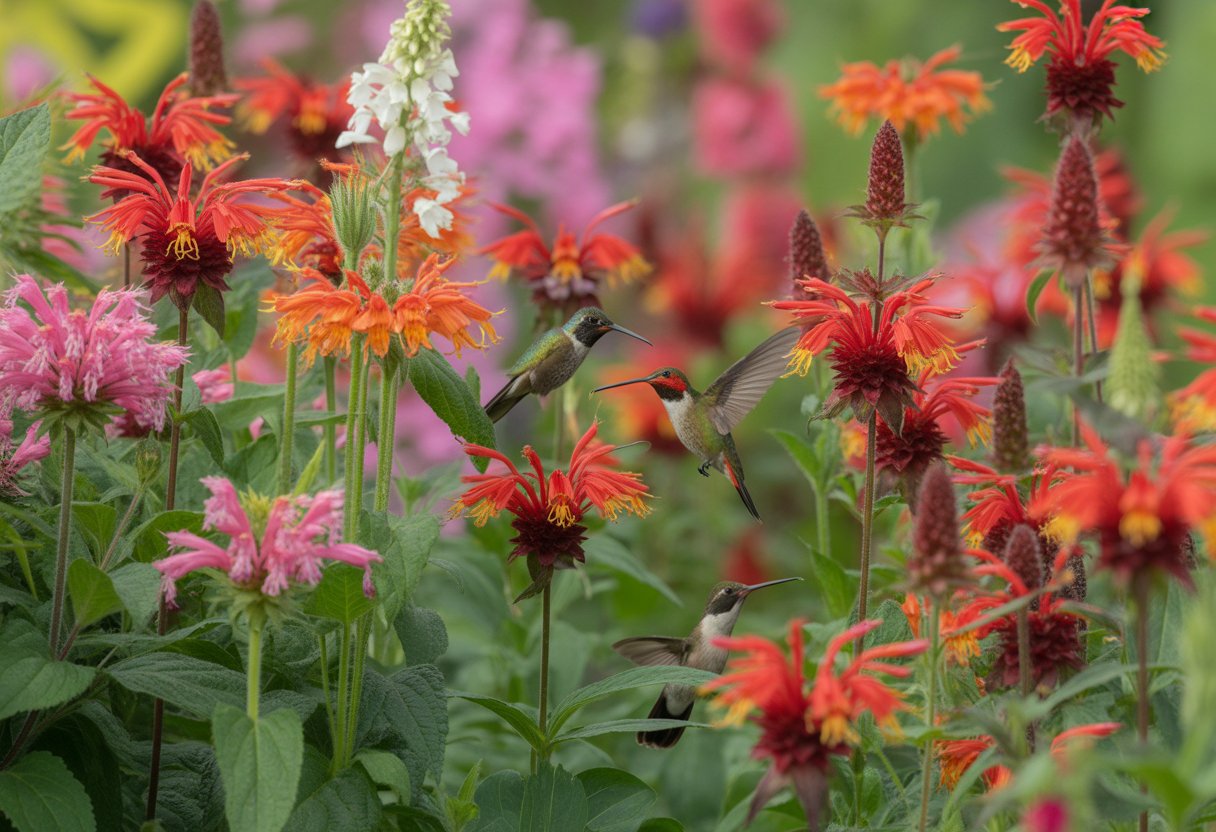 A garden with colorful perennial flowers and hummingbirds feeding on nectar.