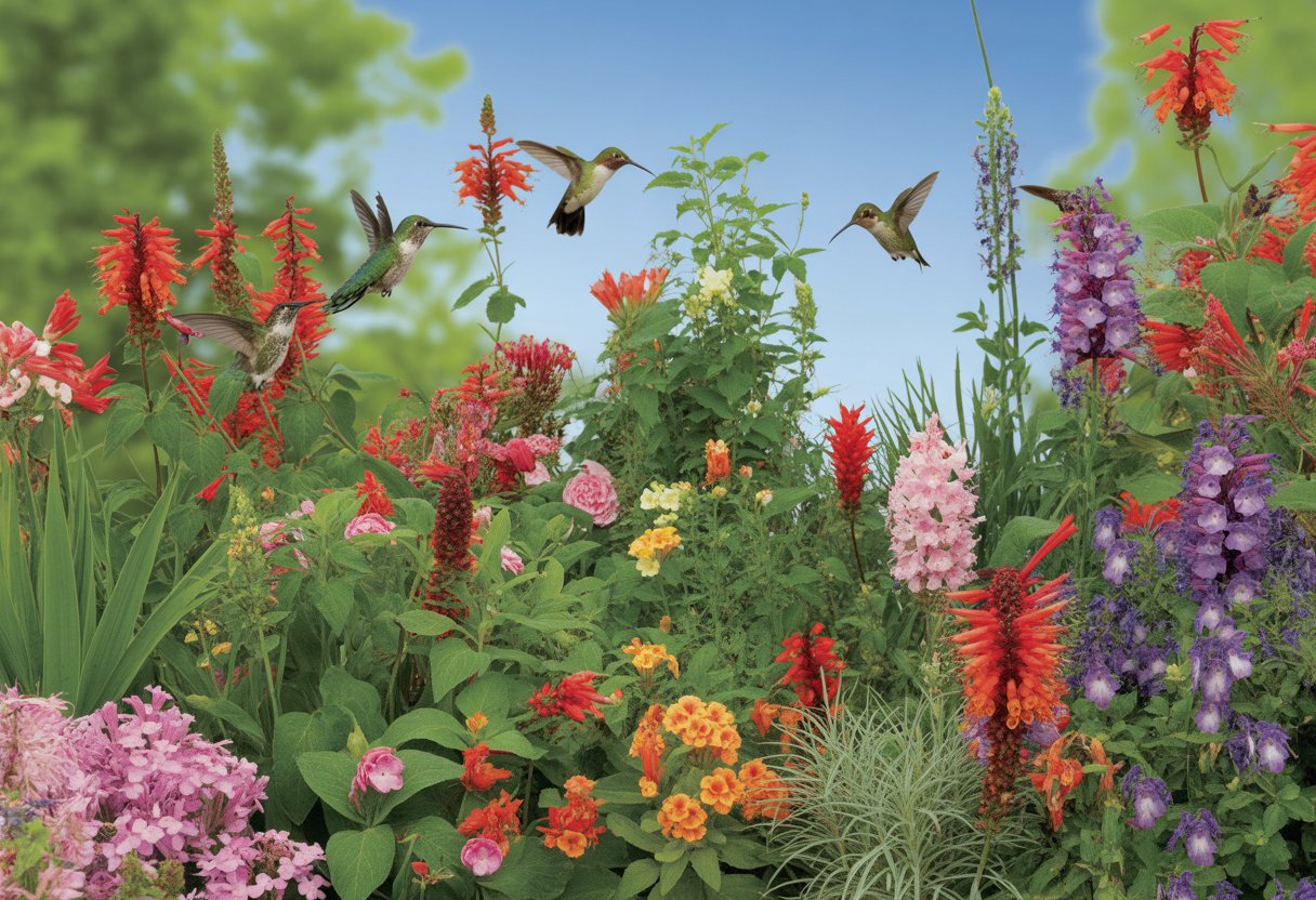 A colorful perennial garden with blooming flowers and hummingbirds feeding on nectar.