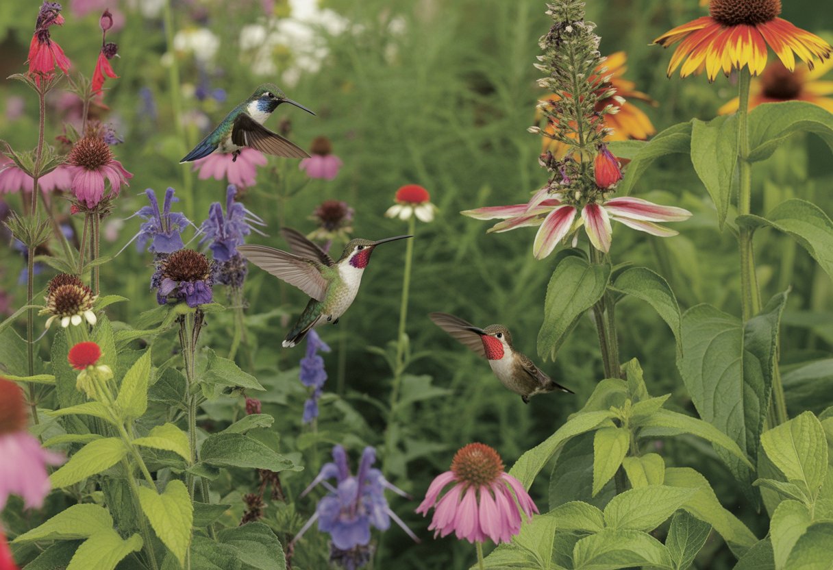 Several hummingbirds hovering near colorful perennial flowers in a garden.