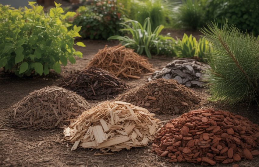 Various types of mulch arranged in separate piles around native plants in a garden bed.