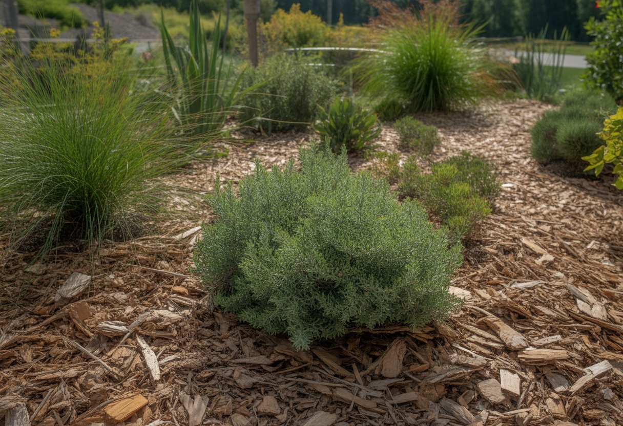 A garden bed with native plants surrounded by fresh mulch and natural soil outdoors.
