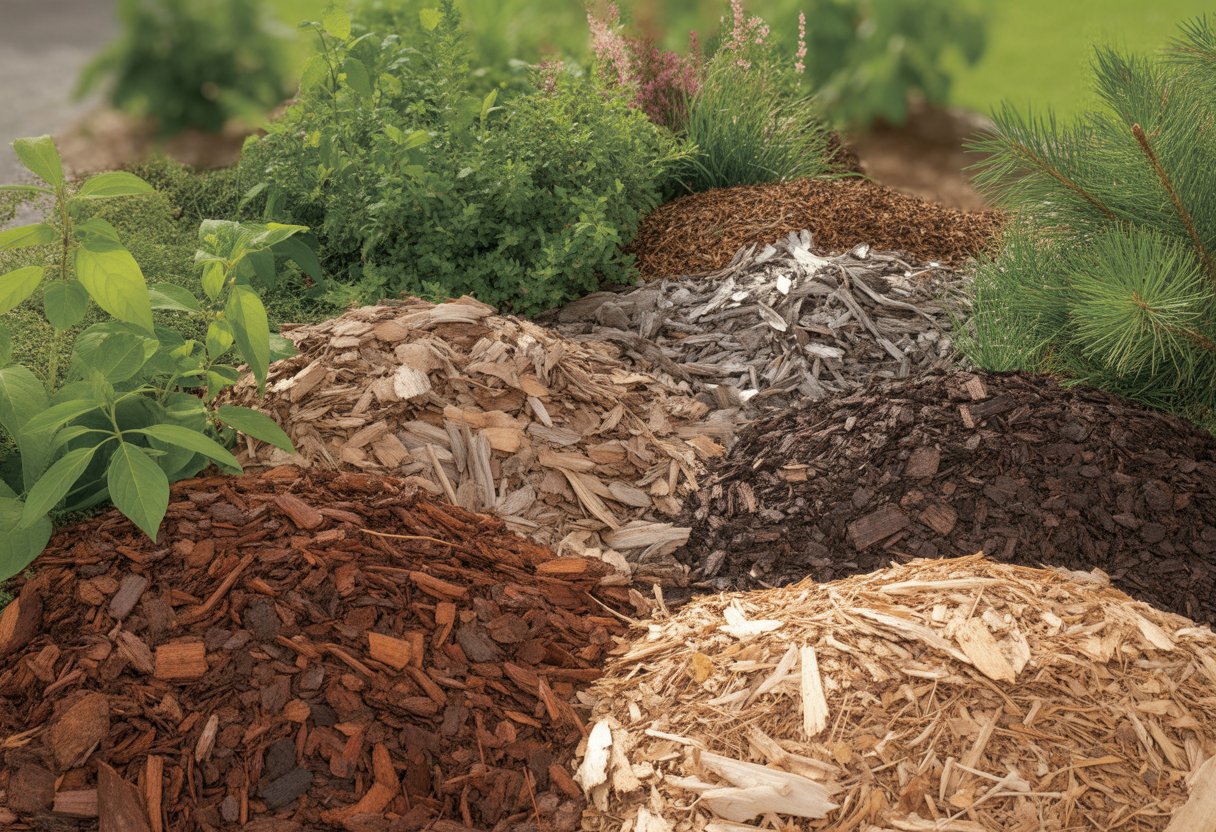 Various types of mulch arranged in separate sections within a native plant garden bed surrounded by green plants.