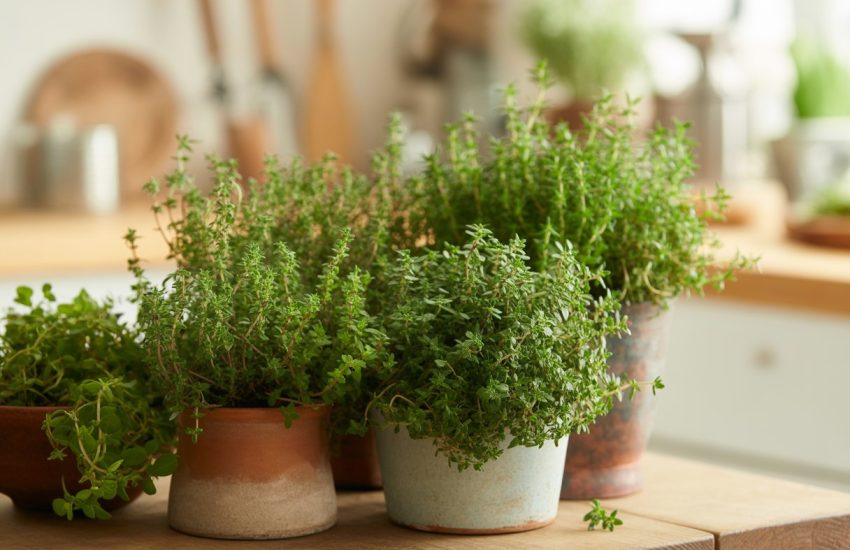 Fresh green thyme plants growing in terracotta and ceramic containers on a wooden table indoors.