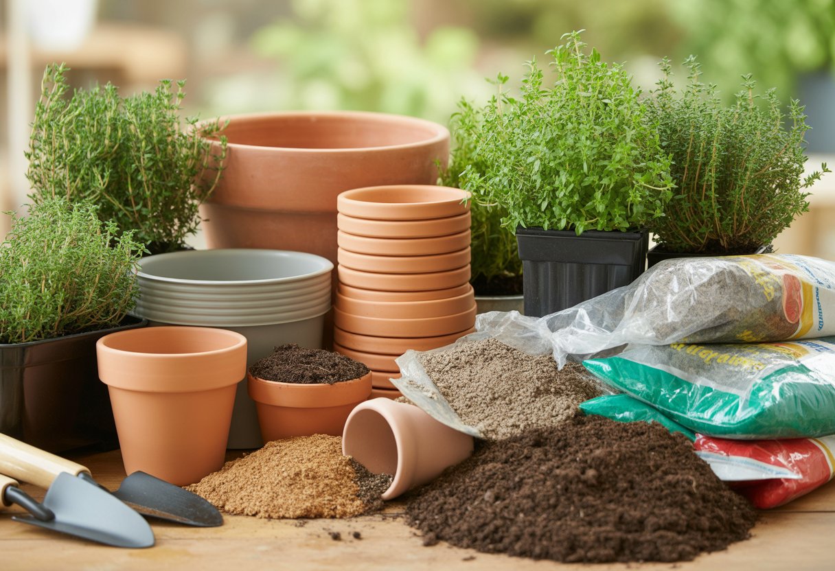 Various containers and potting mixes arranged with fresh thyme plants and gardening tools on a wooden table.