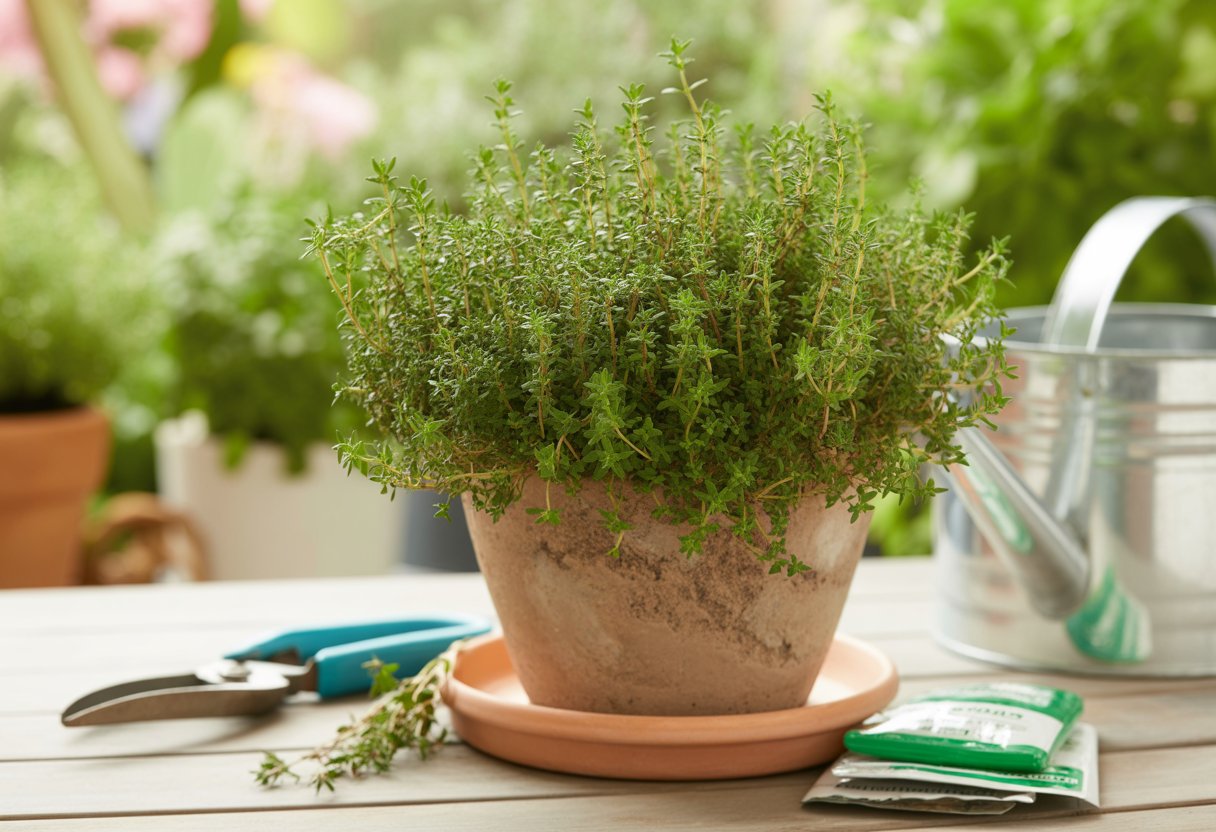 A healthy thyme plant growing in a terracotta container on a wooden patio table with gardening tools nearby and a sunny garden background.