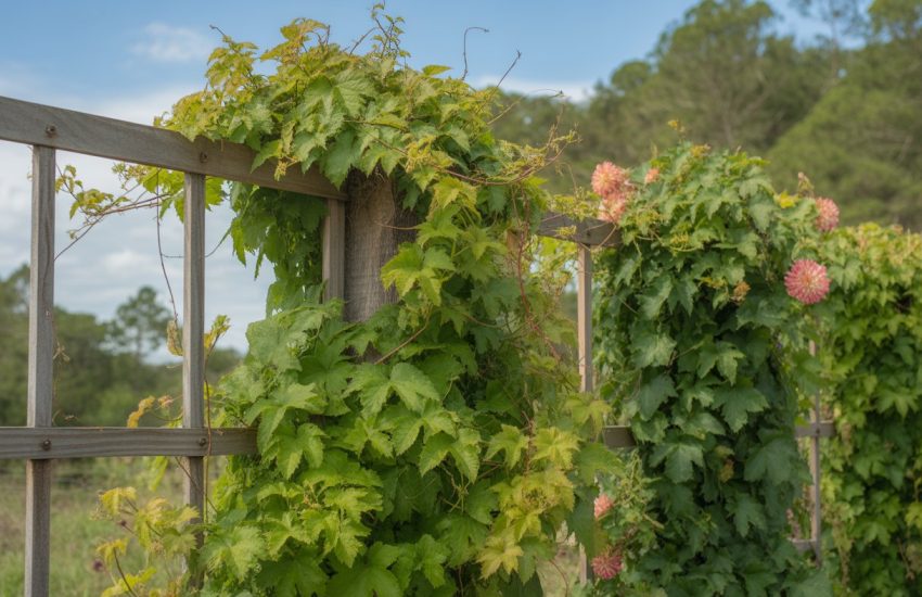 A garden scene with native vines growing on wooden trellises under sunlight.
