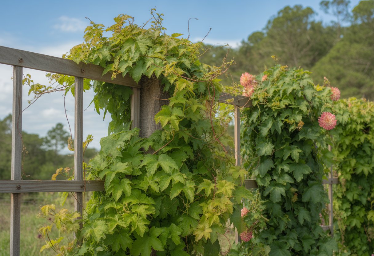A garden scene with native vines growing on wooden trellises under sunlight.