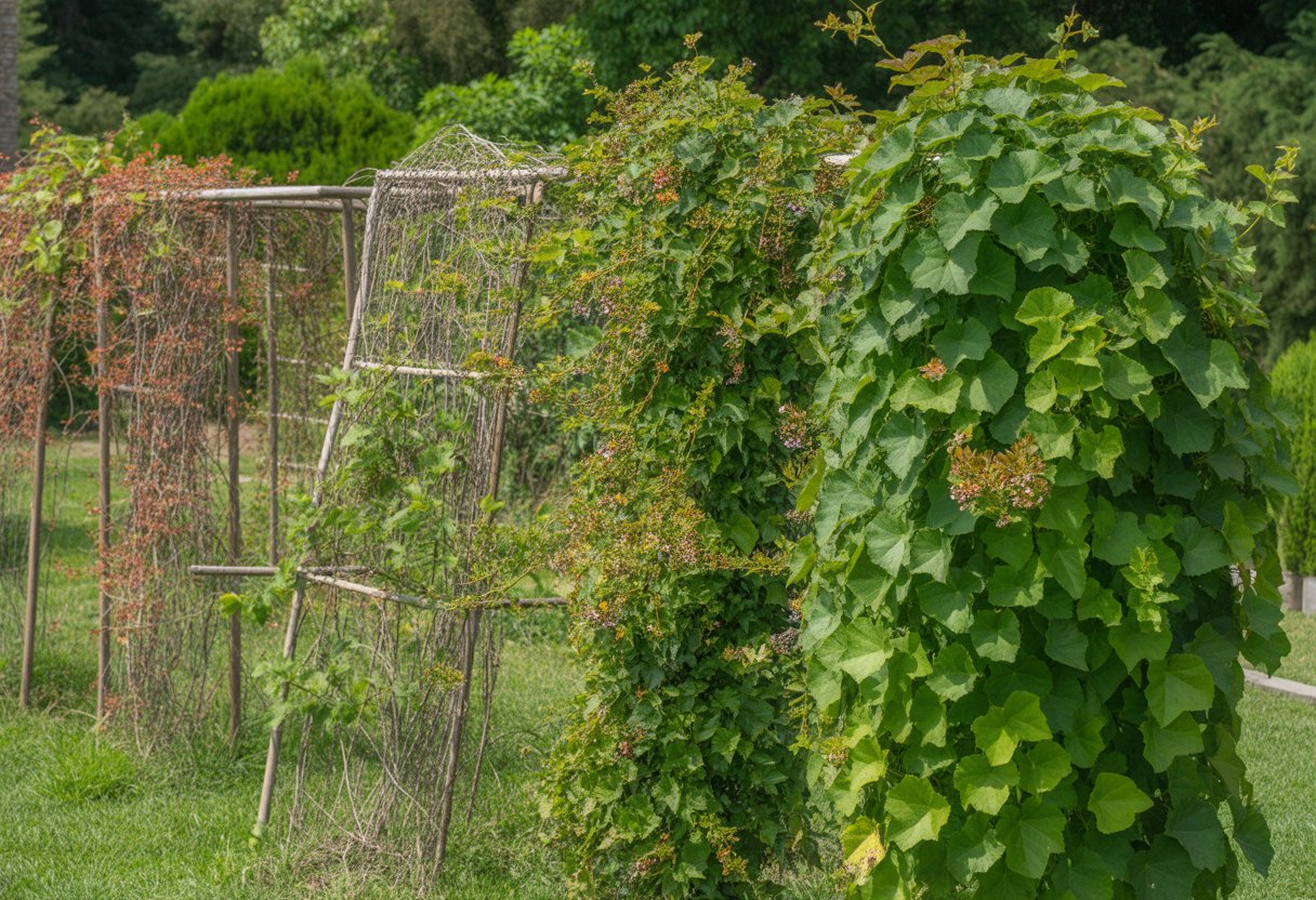 A garden scene with several wooden trellises covered in green native vines with leaves and some flowers, bathed in natural sunlight.
