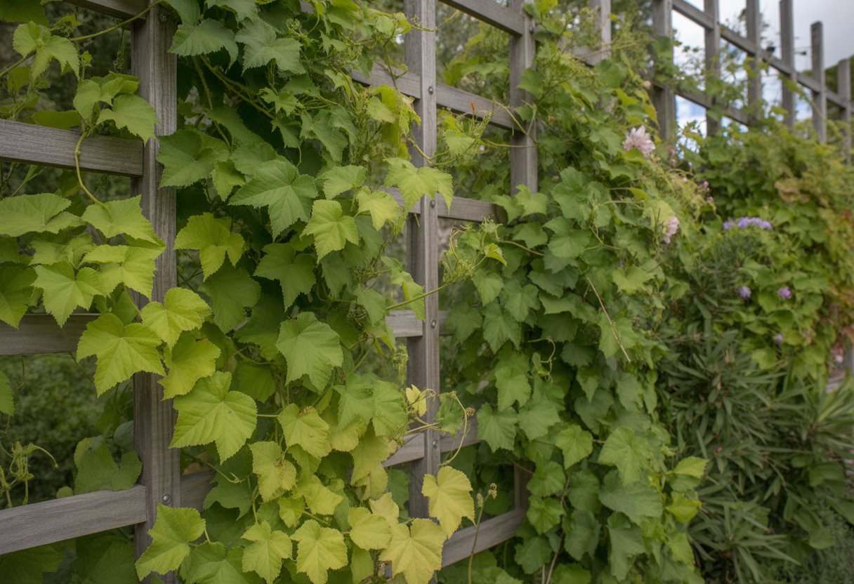 A garden with green native vines growing on wooden trellises in sunlight.