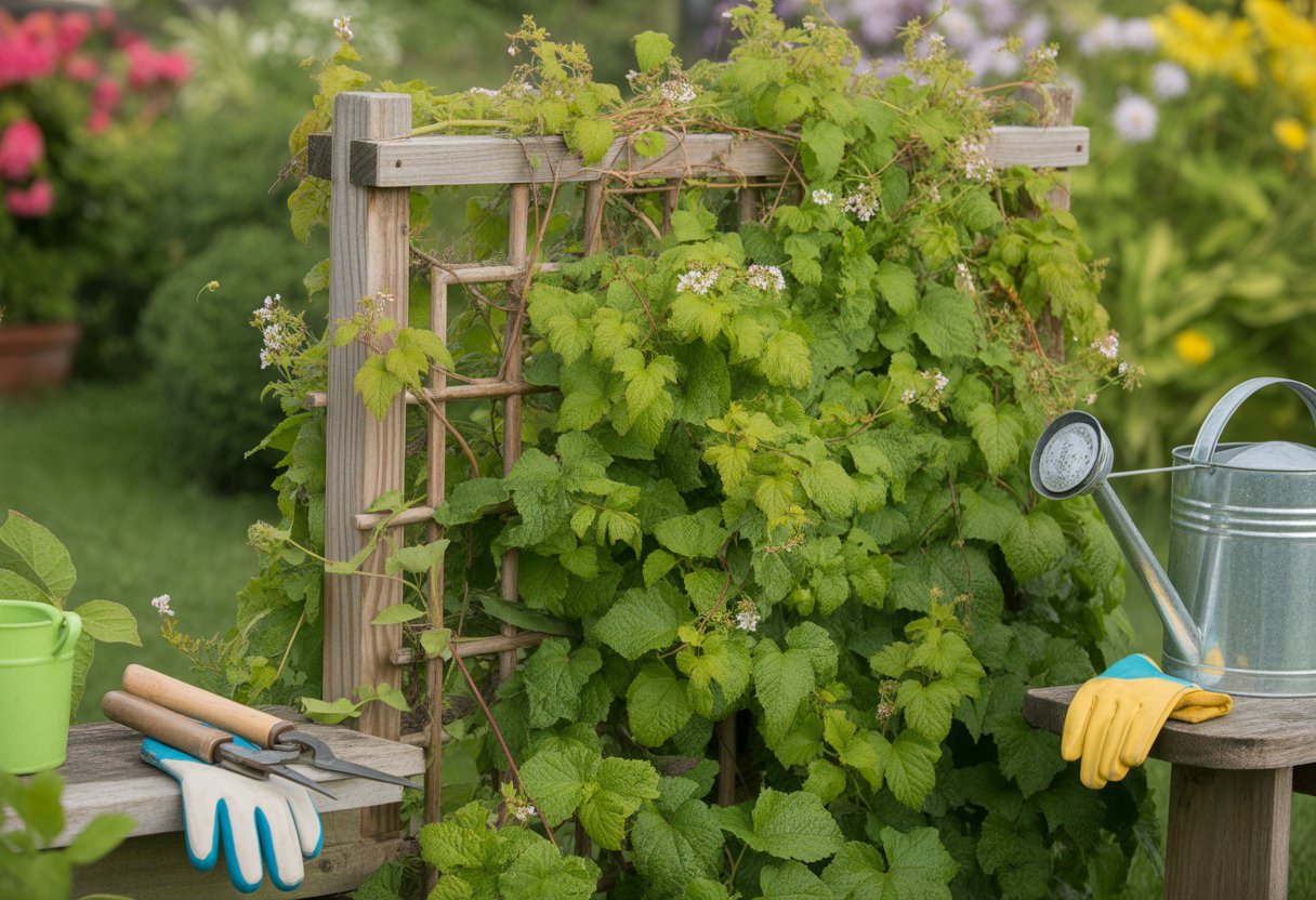 A wooden trellis covered with healthy native vines and flowers in a garden with gardening tools nearby.