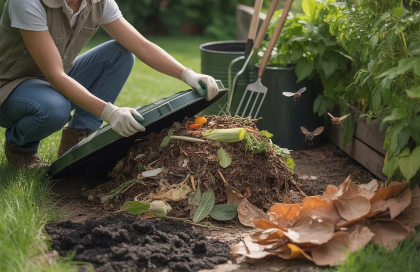 A person inspecting and turning a compost bin outdoors, surrounded by garden plants and tools.