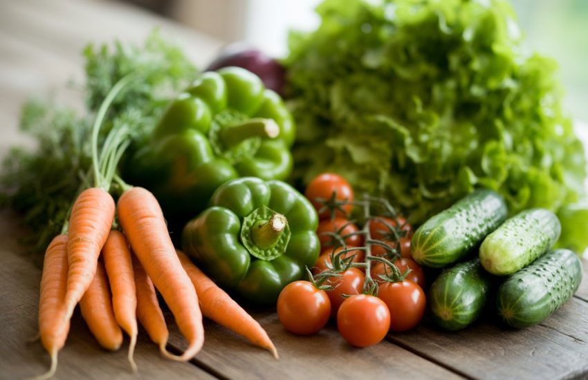 A variety of fresh beginner-friendly vegetables including carrots, bell peppers, cherry tomatoes, cucumbers, and lettuce arranged on a wooden table.