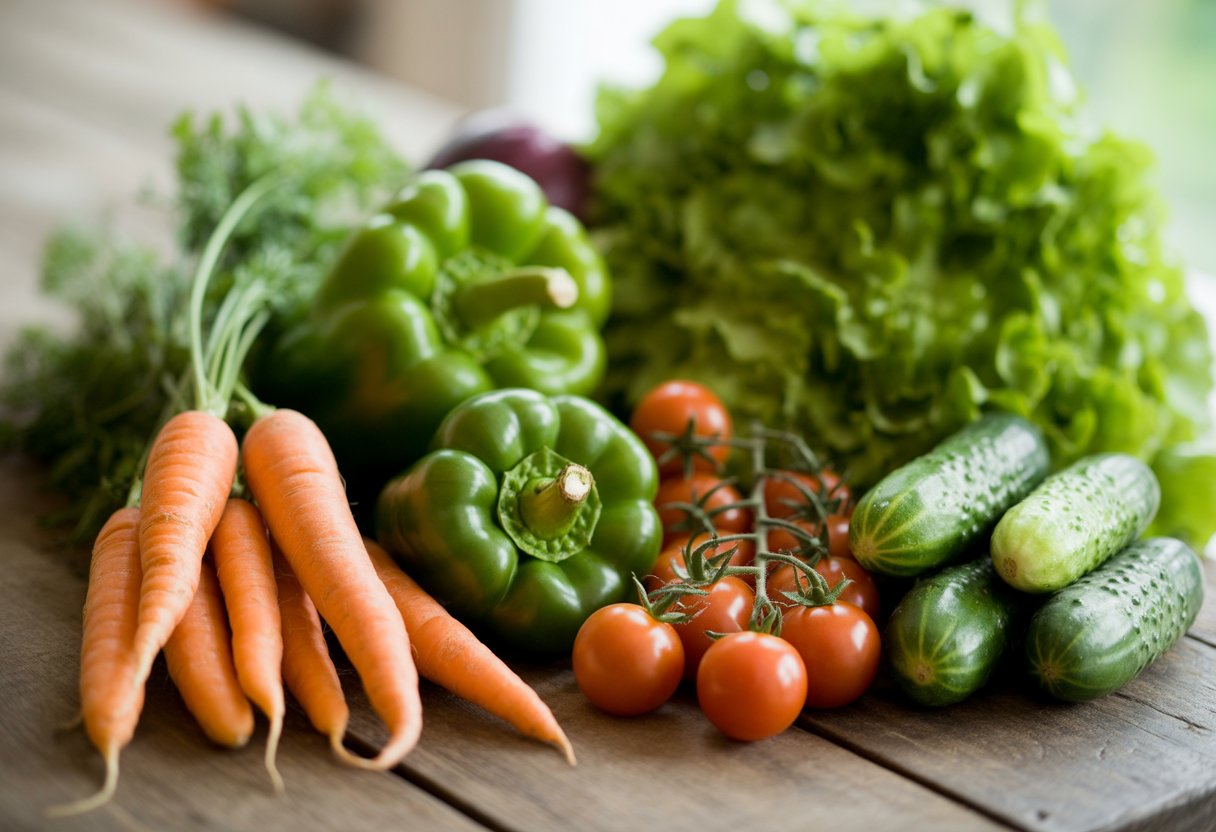 Top Beginner-Friendly Vegetables for Easy and Successful Gardening - PlantNative.org A variety of fresh beginner-friendly vegetables including carrots, bell peppers, cherry tomatoes, cucumbers, and lettuce arranged on a wooden table.