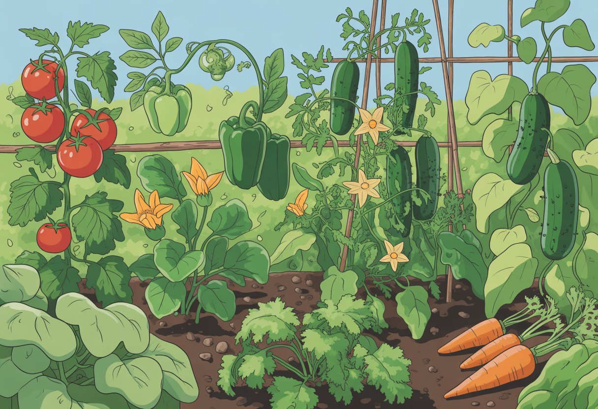Top Beginner-Friendly Vegetables for Easy and Successful Gardening - PlantNative.org A garden bed filled with healthy warm-season vegetables including tomatoes, bell peppers, zucchini, cucumbers, and carrots under sunlight.