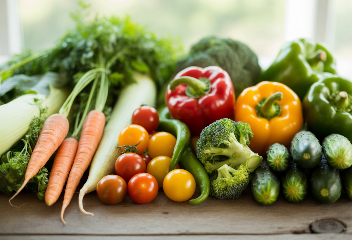 Top Beginner-Friendly Vegetables for Easy and Successful Gardening - PlantNative.org A variety of fresh beginner-friendly vegetables including carrots, cherry tomatoes, bell peppers, broccoli, and cucumbers arranged on a wooden table.