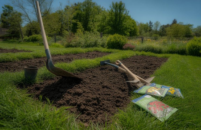 Garden beds being prepared with dark soil and gardening tools for planting wildflowers outdoors.