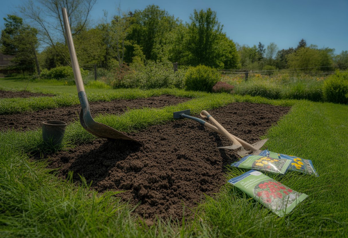Garden beds being prepared with dark soil and gardening tools for planting wildflowers outdoors.