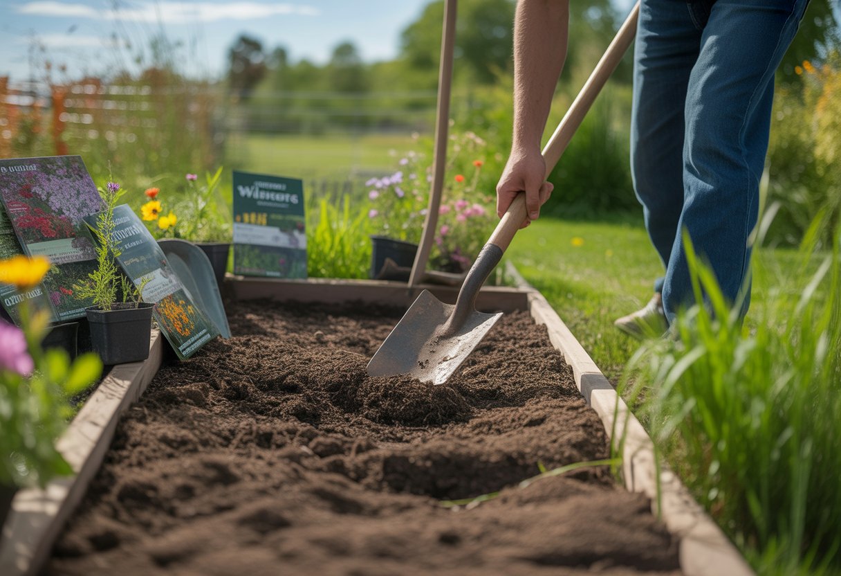Gardener preparing soil beds outdoors with tools for planting wildflowers in a sunny garden.