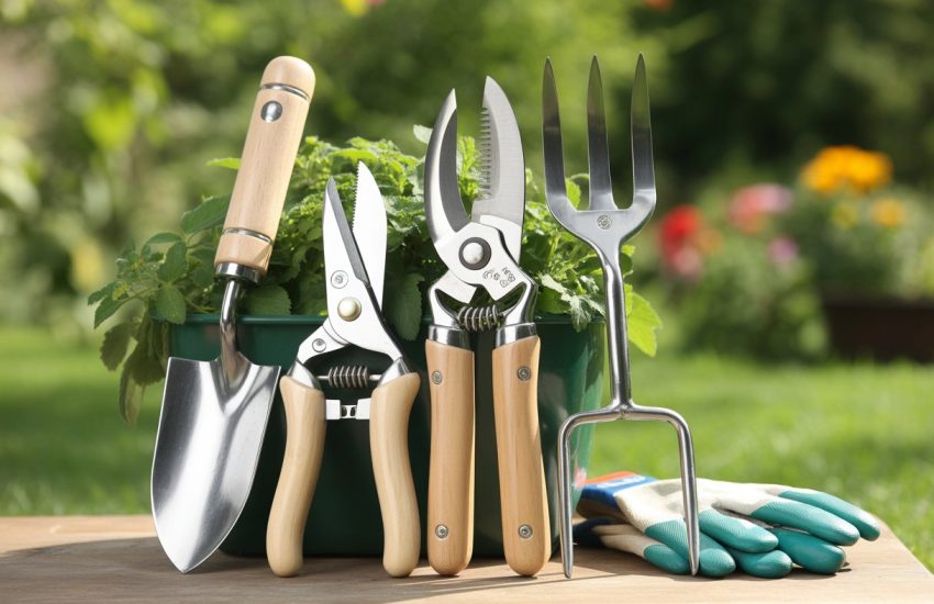 A collection of gardening hand tools including a trowel, pruning shears, cultivator, garden fork, and gloves arranged on a wooden surface with green plants blurred in the background.