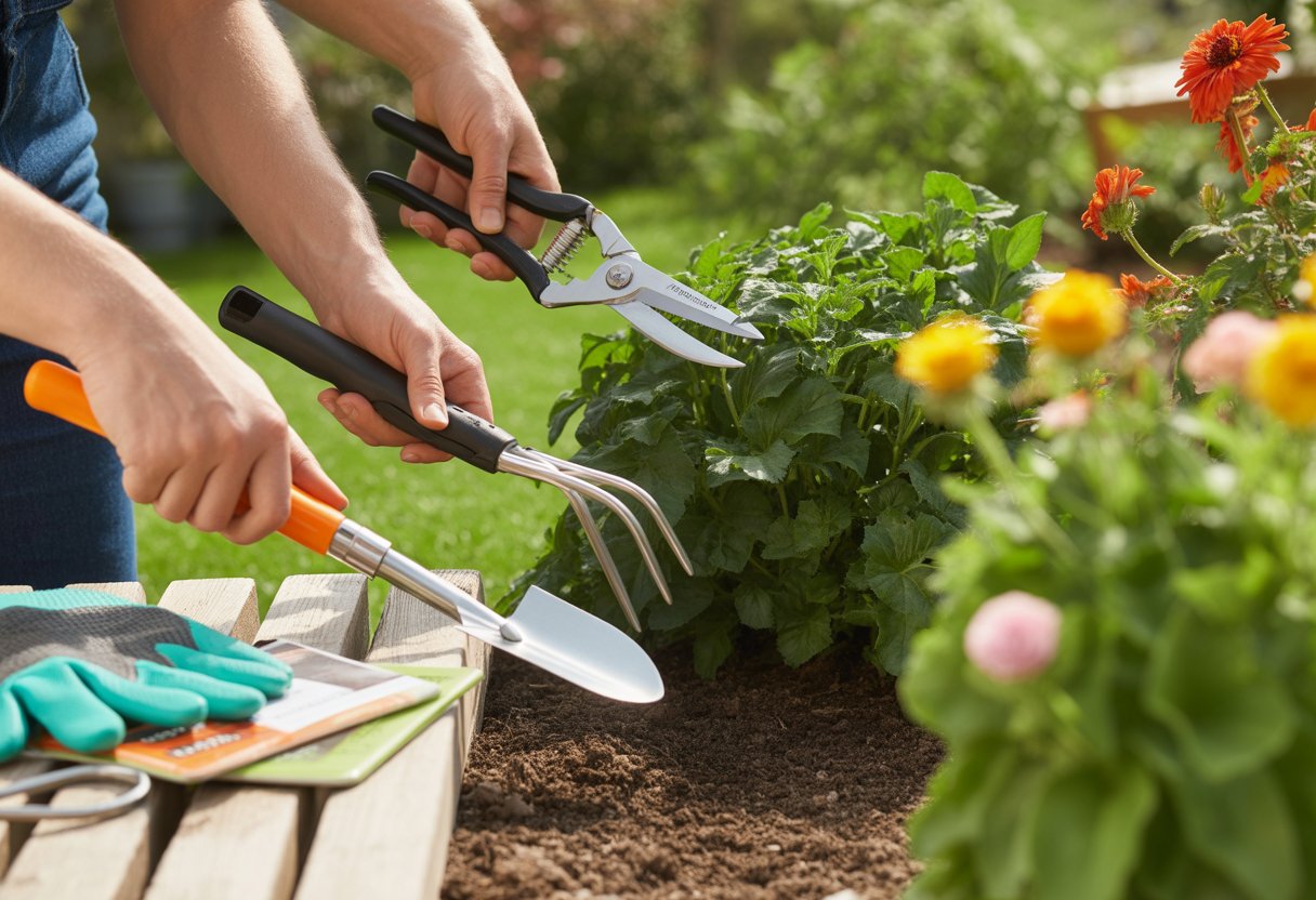 Hands using gardening hand tools to tend plants in a garden with green foliage and flowers.