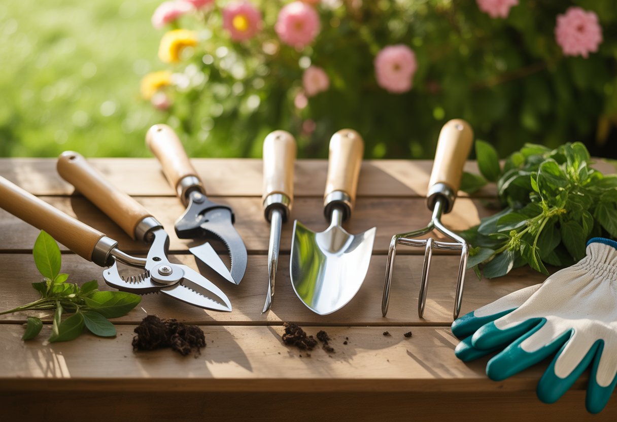 A set of clean garden hand tools arranged on a wooden table with green plants and gardening gloves nearby.