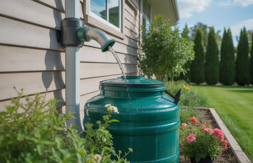 Rainwater collection system with a rain barrel next to a house, surrounded by green plants and a lawn.